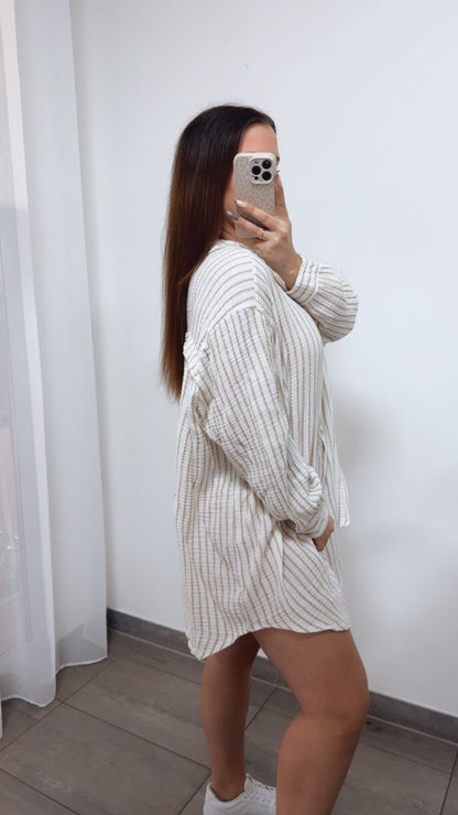 Lange Musselin Bluse mit Streifen in Beige-Weiss – Natürliche Eleganz | MUSSELIN LIEBE