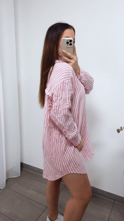 Lange Musselin Bluse mit Streifen in Rosa-Weiss – Feminine Eleganz | MUSSELIN LIEBE