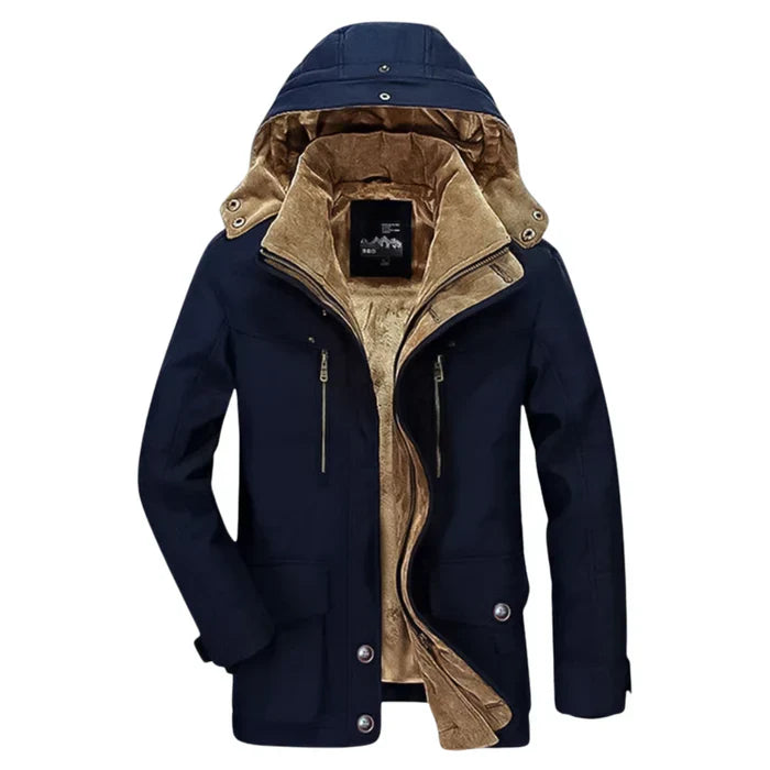 Herren Winterjacke dunkelblau mit Kapuze und braunem Fleecefutter, Frontreißverschlüsse