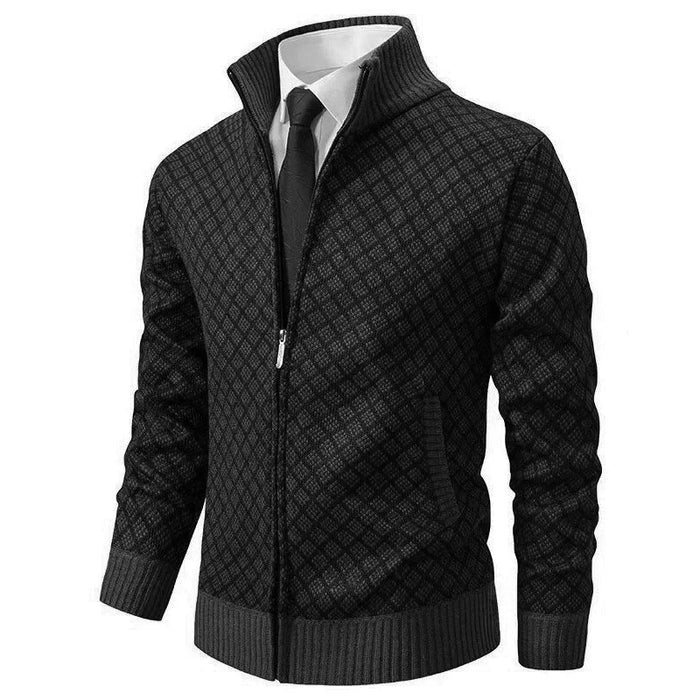 Schwarze Herren Strickjacke mit Reißverschluss, Rautenmuster und Stehkragen, elegant