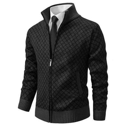 Schwarze Herren Strickjacke mit Reißverschluss, Rautenmuster und Stehkragen, elegant