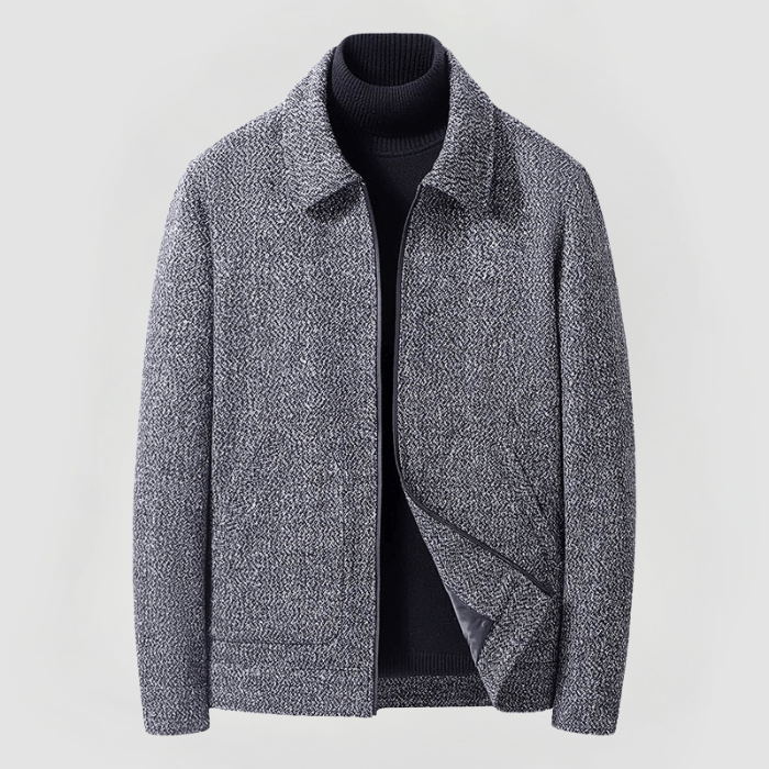 Herren Winterjacke grau, Stehkragen, strukturierter Stoff, modern, auf weißem Hintergrund