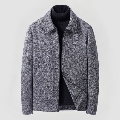 Herren Winterjacke grau, Stehkragen, strukturierter Stoff, modern, auf weißem Hintergrund