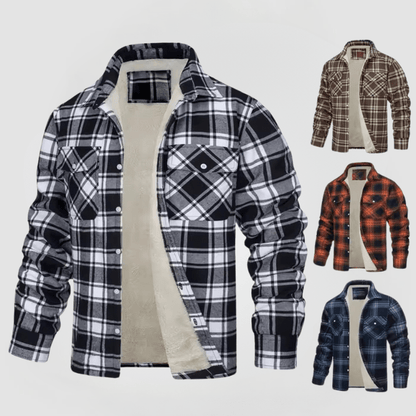 Gefütterte Herren Holzfällerjacke kariert in Schwarz, Braun, Rot und Blau auf weißem Hintergrund