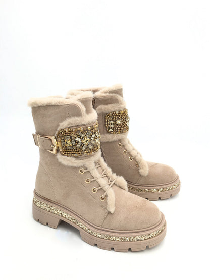 Stone Detail Khaki Stiefel – Trendige Damen-Winterstiefel in Khaki