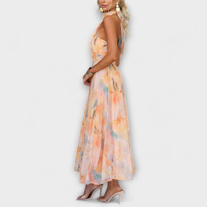 Halter-Neck Aquarell Print Maxi Kleid – Künstlerische Eleganz | Salzburg Mode