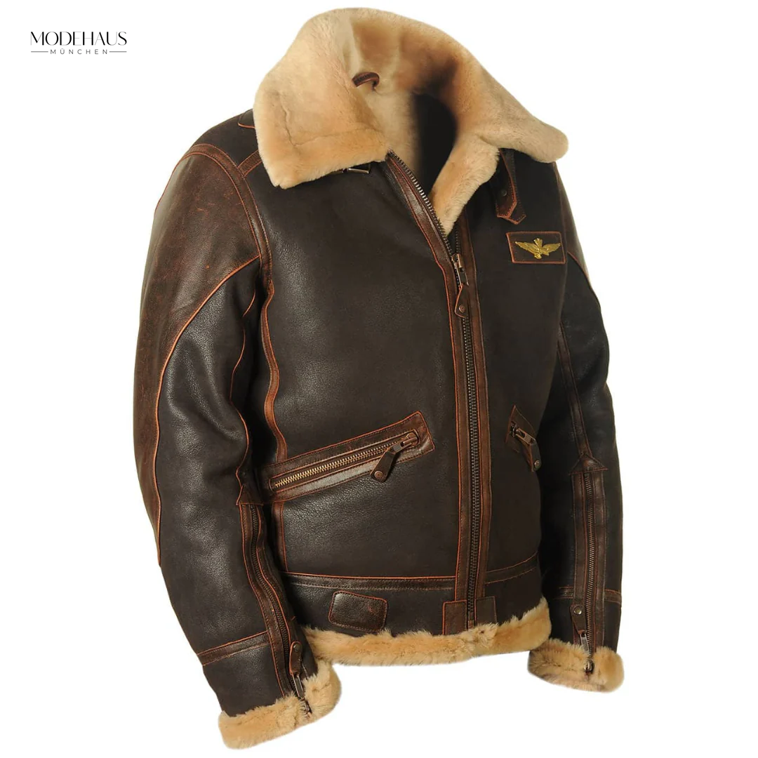 Herren Leder Fliegerjacke mit Fellkragen, braun, Modehaus München