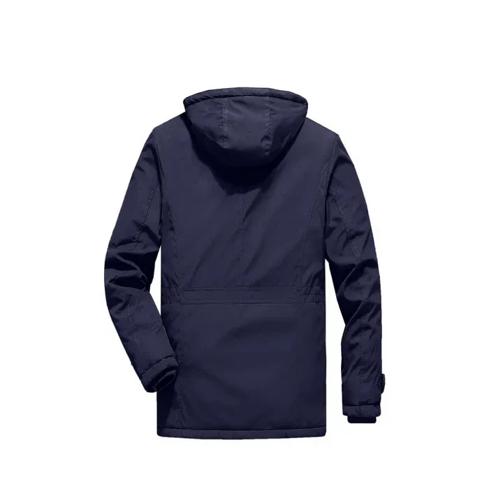 Dunkelblaue Herren Outdoor Jacke mit Kapuze, Rückansicht, wasserabweisend