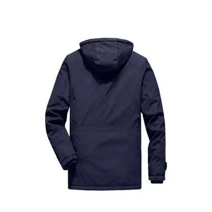 Dunkelblaue Herren Outdoor Jacke mit Kapuze, Rückansicht, wasserabweisend