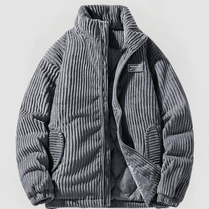Graue Cordjacke Herren, gesteppte Innenseite, Reißverschluss, Herbstmode, modern