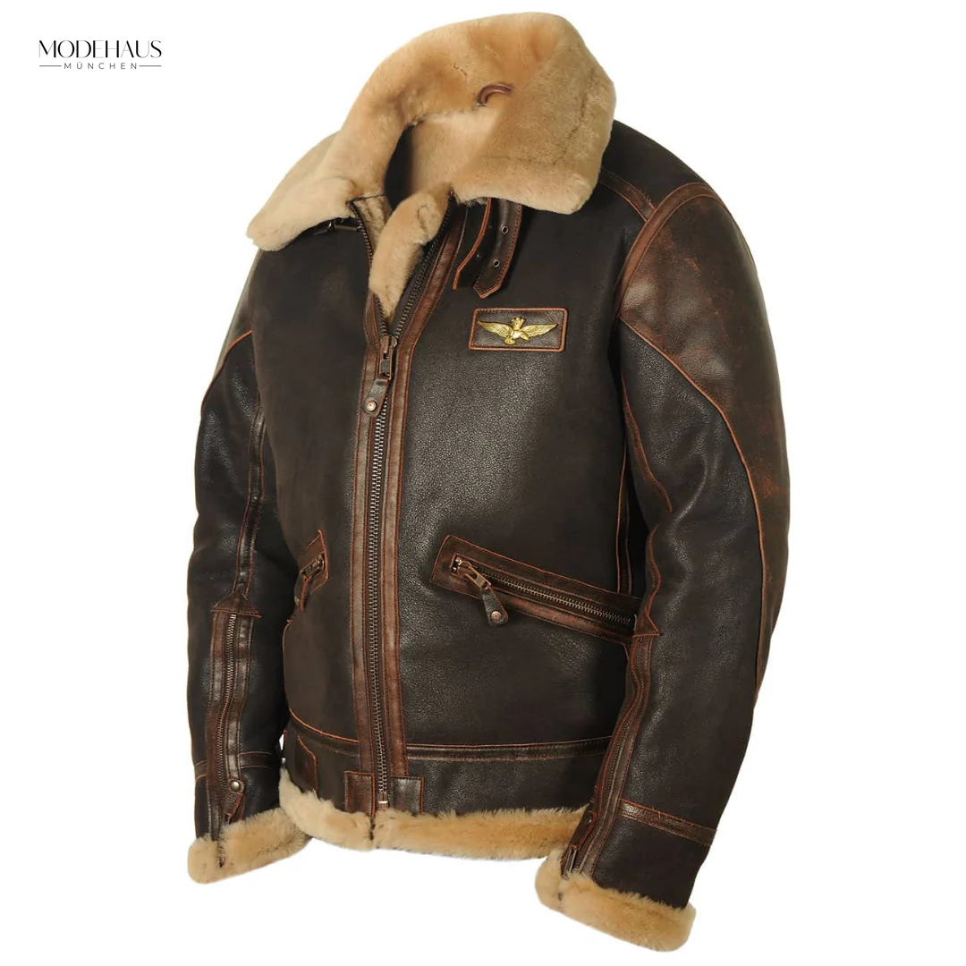 Vintage Herren Fliegerjacke aus braunem Leder mit Lammfellkragen und Abzeichen, Modehaus München