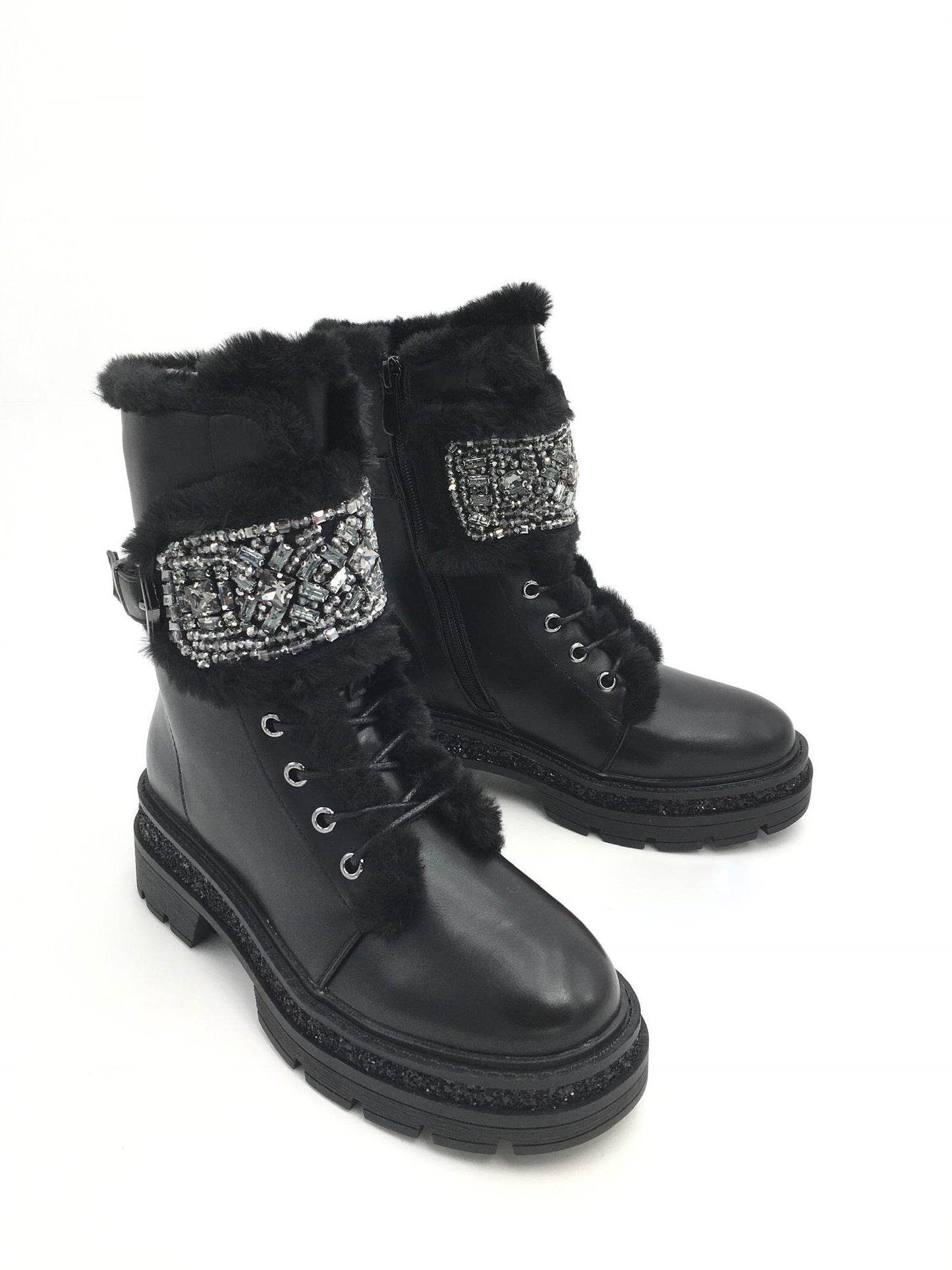 Stone Detail Schwarz Stiefel – Stilvolle Damen-Winterstiefel mit Steindetails