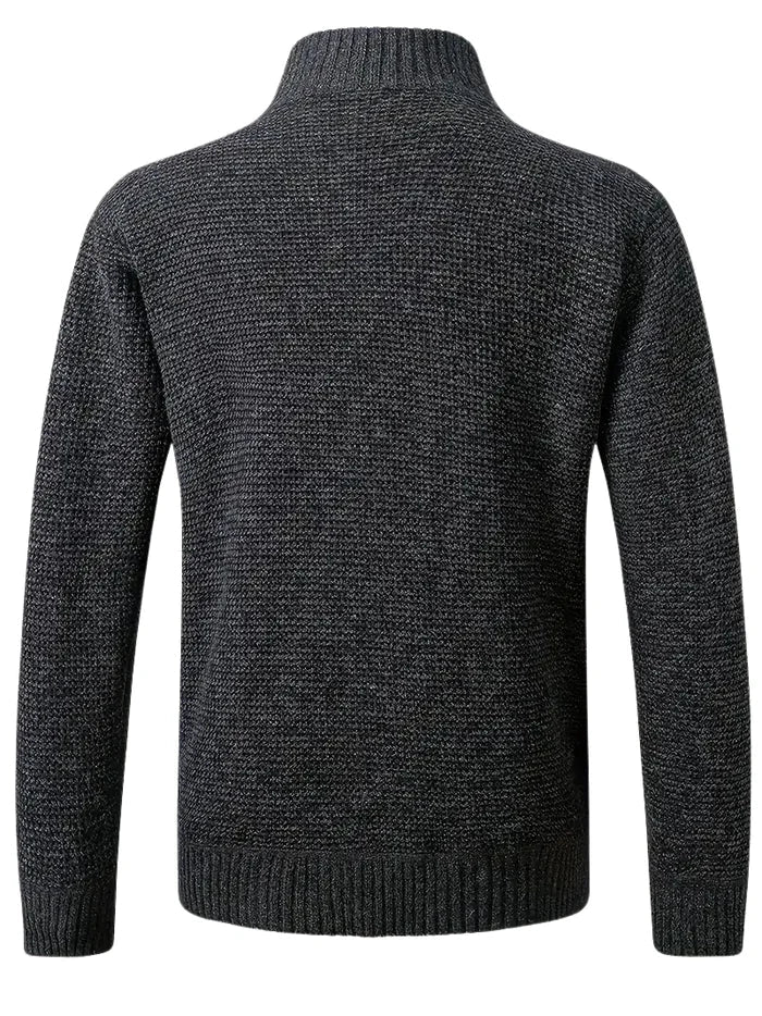 Dunkelgrauer Herren-Strickpullover mit Stehkragen und grober Struktur, Rückansicht