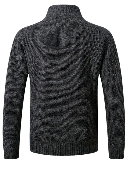Dunkelgrauer Herren-Strickpullover mit Stehkragen und grober Struktur, Rückansicht