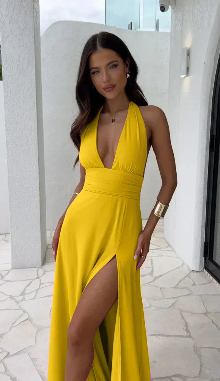 Bernadette - Sexy Tiefes V-Ausschnit-Split-Solid-Farben-Kleid