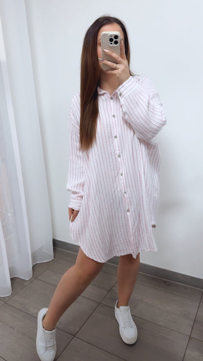 Lange Musselin Bluse mit Streifen in Pink-Weiss – Zeitlose Eleganz | MUSSELIN LIEBE