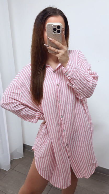 Lange Musselin Bluse mit Streifen in Rosa-Weiss – Feminine Eleganz | MUSSELIN LIEBE