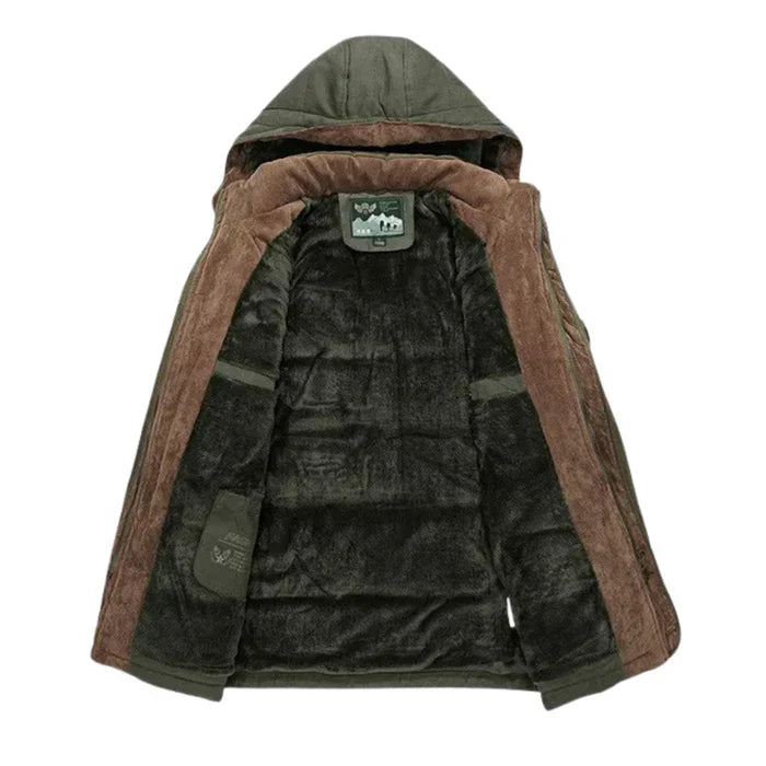 Gefütterte Outdoor-Jacke mit Kapuze in Braun und Oliv, offene Ansicht, warmes Innenfutter