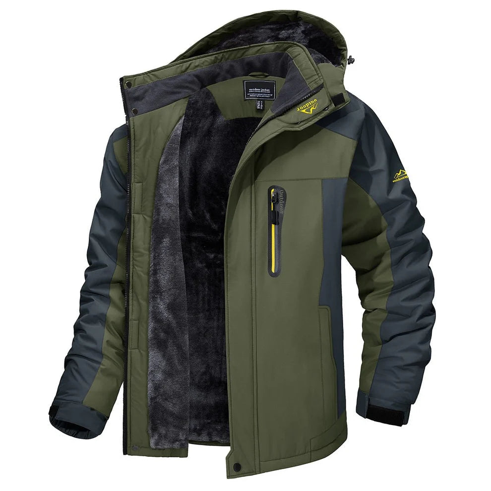 Grüne Outdoor Winterjacke mit Kapuze, Reißverschluss und warmer Fleece-Innenseite