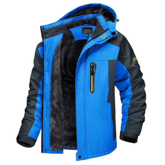 Herren Winterjacke in Blau mit Kapuze und asymmetrischem Reißverschluss, Outdoor-Design
