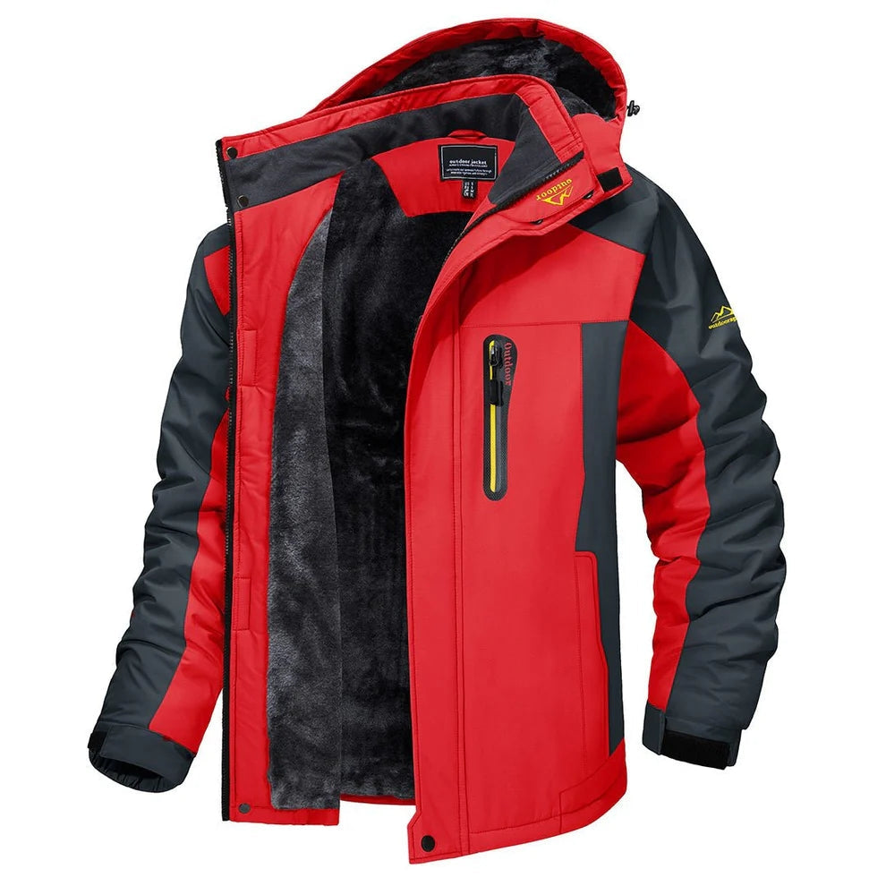 Rote Herren Winterjacke mit schwarzem Fleecefutter und wasserabweisender Kapuze