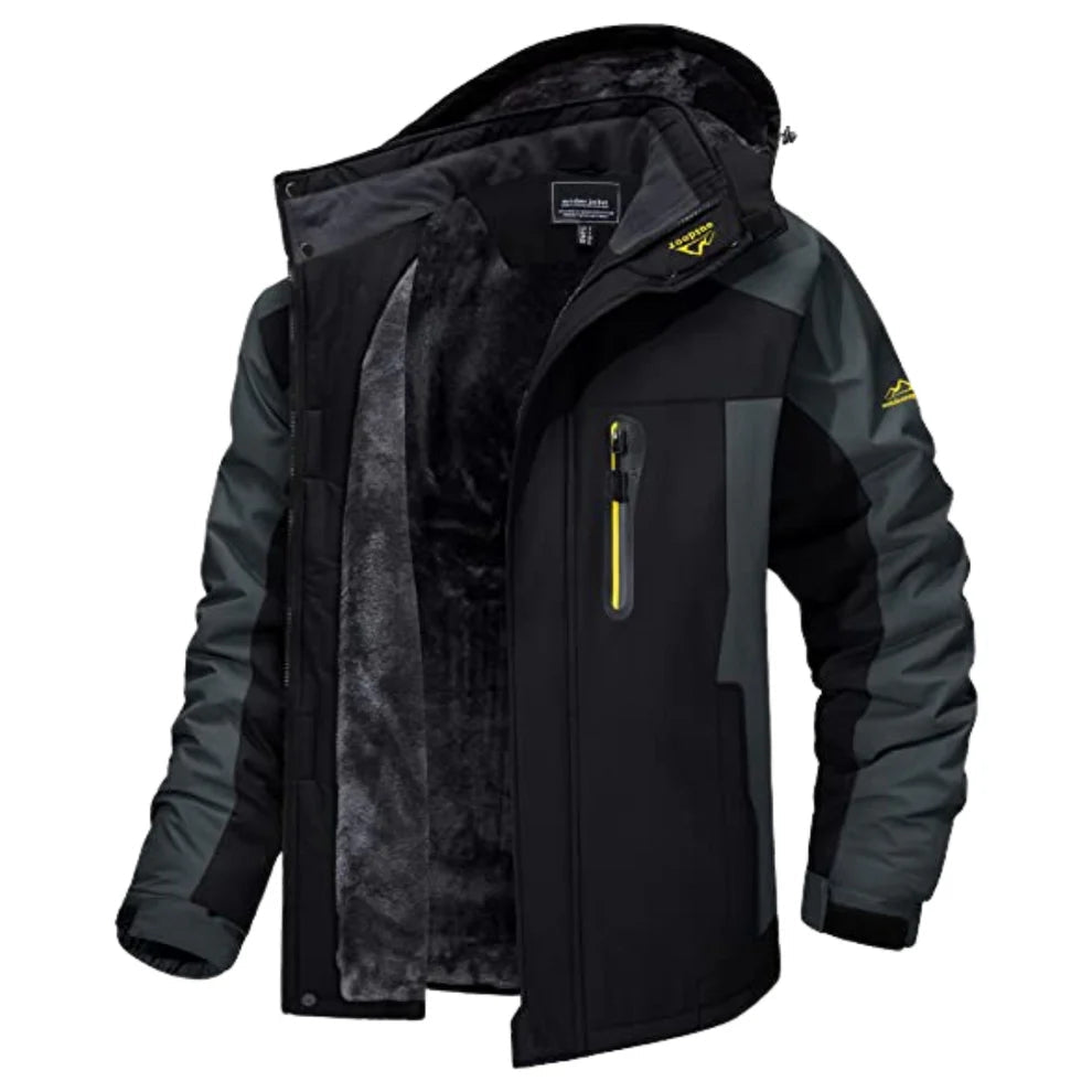 Herren Winterjacke schwarz-grau mit Kapuze, warm gefüttert, Outdoor-Design
