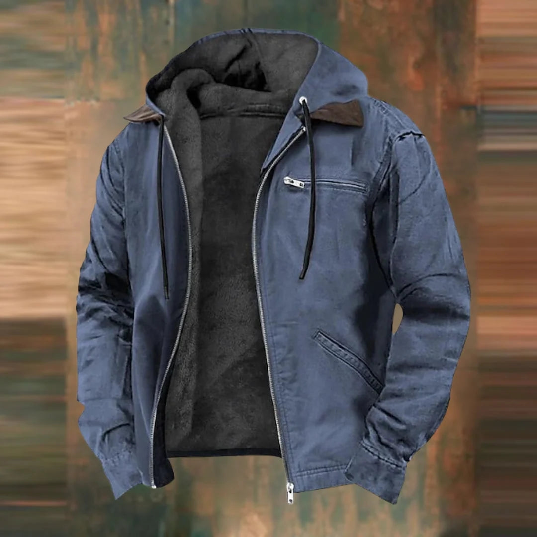 Blaue Herren Winterjacke mit Kapuze, Fleece-Innenfutter und Reißverschlusstasche