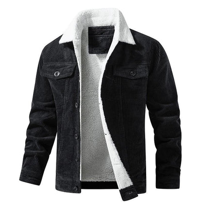 Schwarze Cordjacke mit weißem Teddyfutter und Brusttaschen, Herren Winterjacke