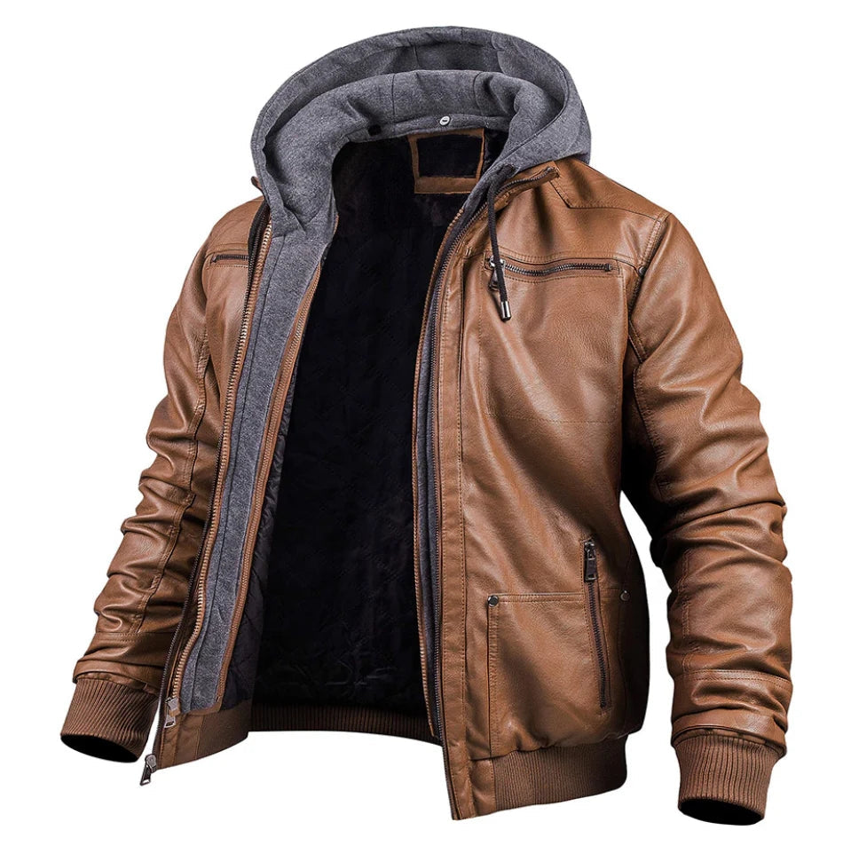 Braune Herren Lederjacke mit Kapuze und Reißverschluss, sportlich, modern, Streetwear