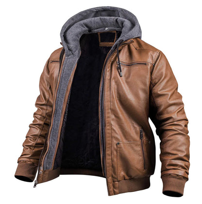 Braune Herren Lederjacke mit Kapuze und Reißverschluss, sportlich, modern, Streetwear