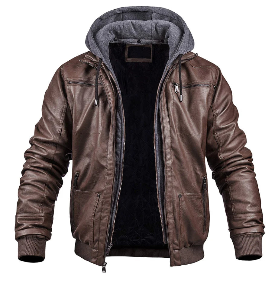 Herren Lederjacke braun mit Kapuze, Reißverschluss und Taschen, modern urban Style