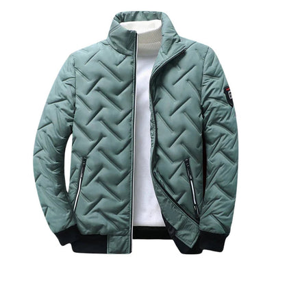 Herren Steppjacke grün mit Chevron-Muster, Reißverschlusstaschen, Stehkragen, sportlich