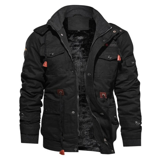 Herren Winterjacke schwarz mit Kapuze, vielen Taschen und Fleece-Innenfutter
