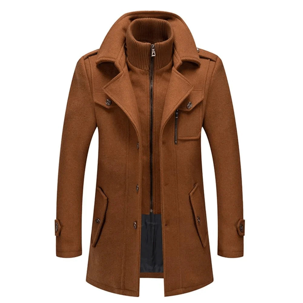 Herren Wintermantel braun aus Wolle mit Reißverschluss, Brusttasche und Stehkragen