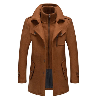 Herren Wintermantel braun aus Wolle mit Reißverschluss, Brusttasche und Stehkragen