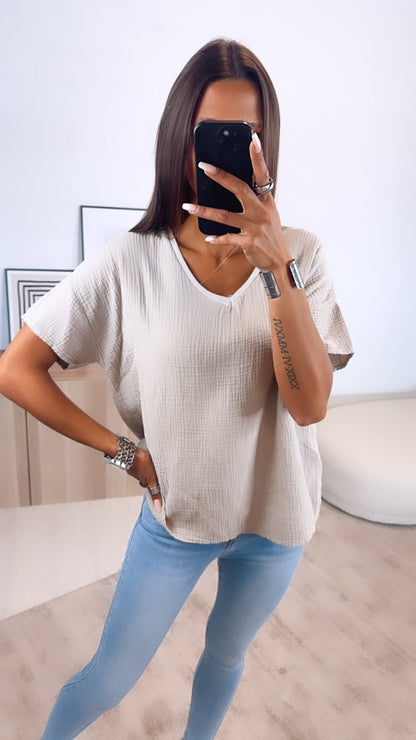Musselin T-Shirt im weiten Schnitt – Beige