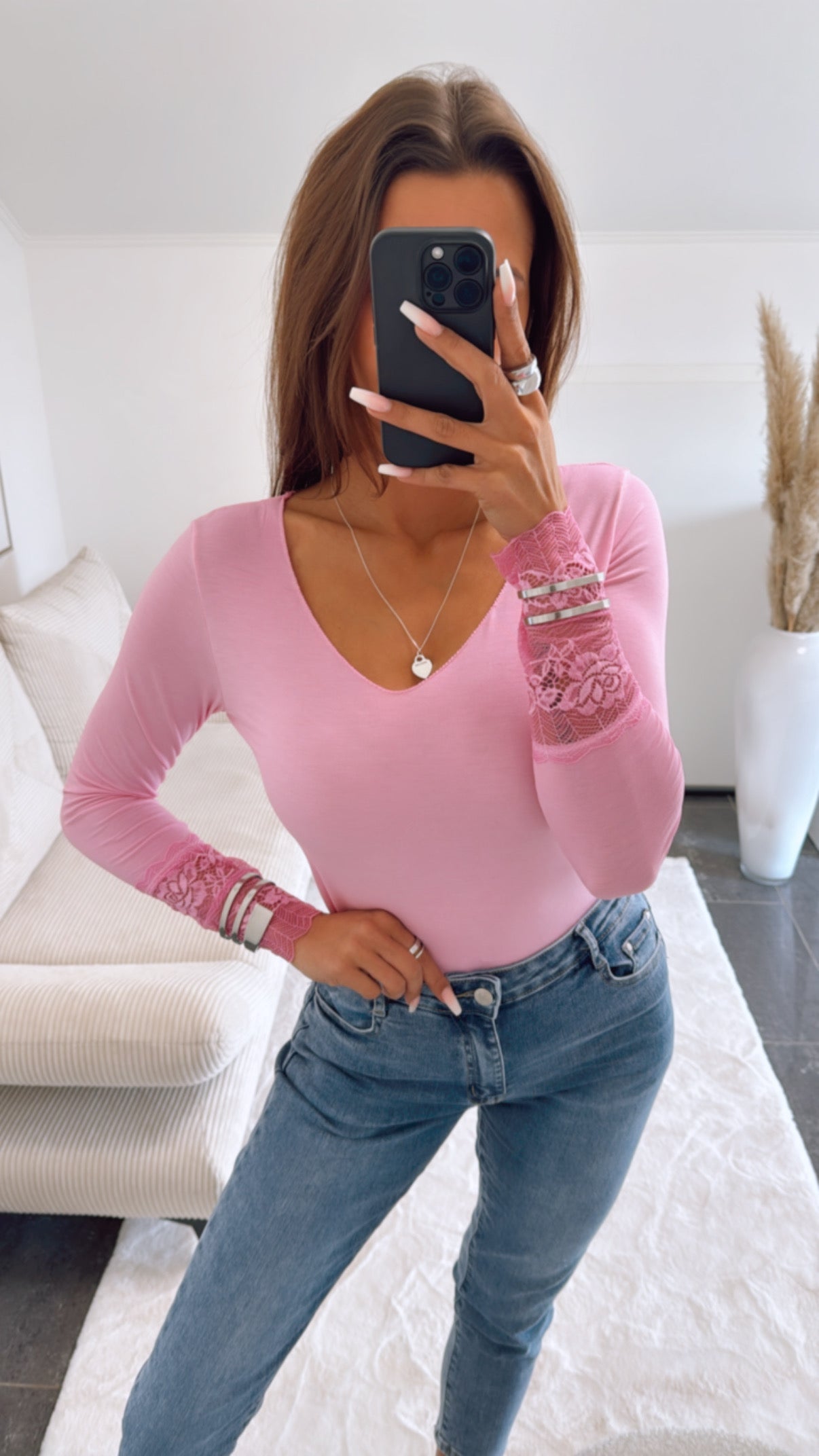 Langarm Oberteil mit Spitzenapplikationen – Pink