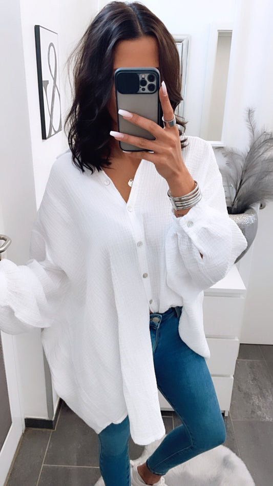 Lange Oversize Musselin Bluse in Weiss – Puristische Eleganz | MUSSELIN LIEBE