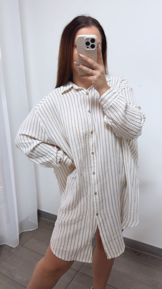 Lange Musselin Bluse mit Streifen in Beige-Weiss – Natürliche Eleganz | MUSSELIN LIEBE