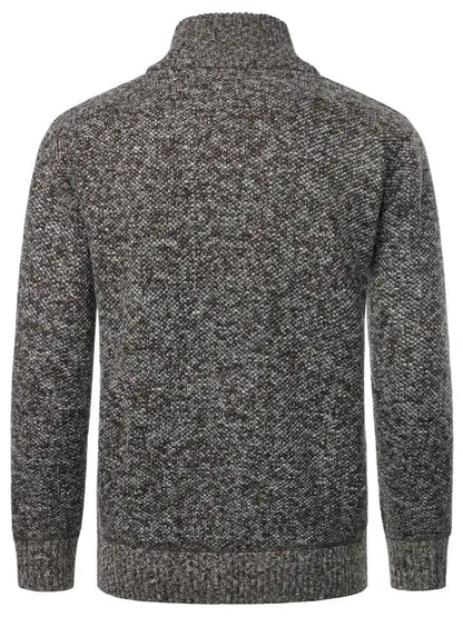 Rückansicht einer Herren Strickweste in Grau, Casual-Look, meliertes Strickmuster