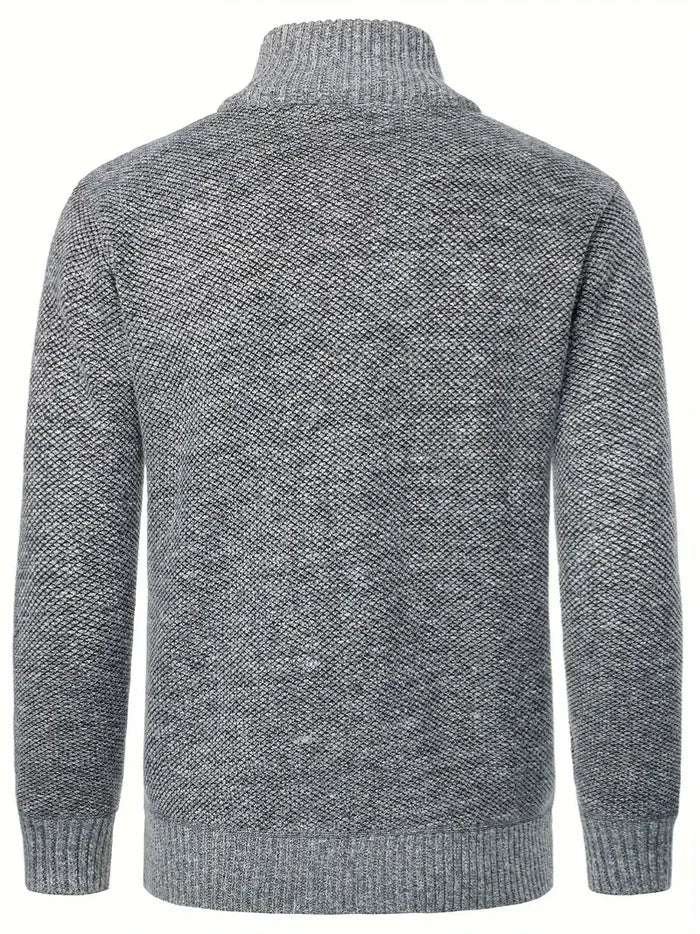 Grau gestrickte Herren Strickjacke mit Stehkragen, Rückansicht, Casual Stil