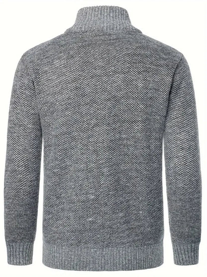 Grau gestrickte Herren Strickjacke mit Stehkragen, Rückansicht, Casual Stil