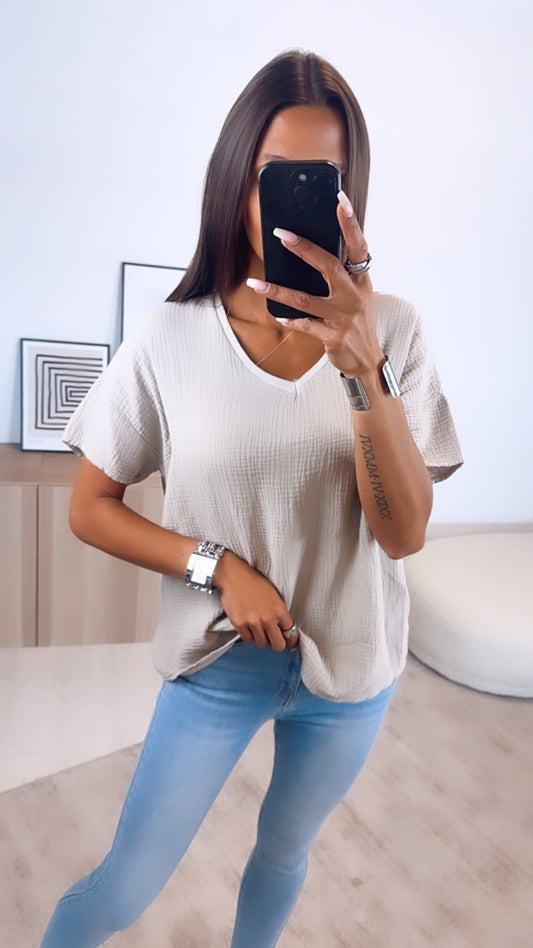 Musselin T-Shirt im weiten Schnitt – Beige