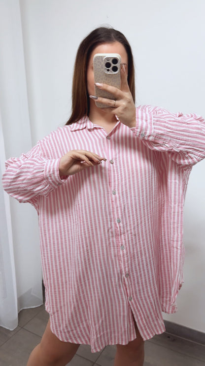 Lange Musselin Bluse mit Streifen in Rosa-Weiss – Feminine Eleganz | MUSSELIN LIEBE