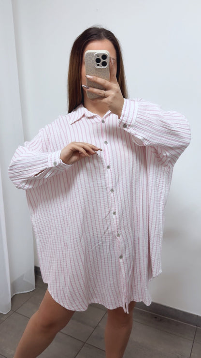 Lange Musselin Bluse mit Streifen in Pink-Weiss – Zeitlose Eleganz | MUSSELIN LIEBE