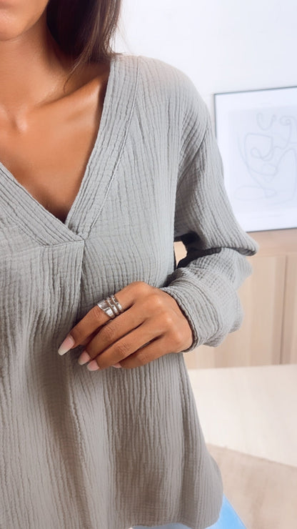 Musselin Bluse ohne Knöpfe in Schlamm – Minimalistische Eleganz | MUSSELIN LIEBE