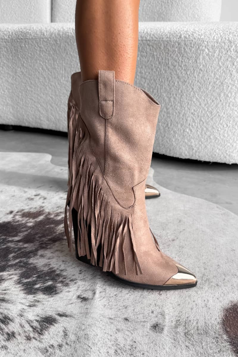 Khaki Western Boots mit Fransen