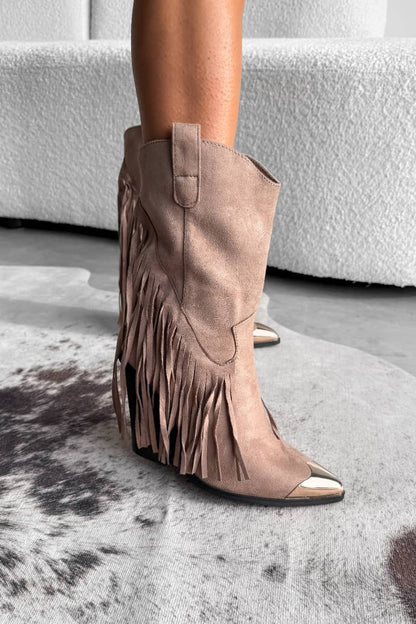 Khaki Western Boots mit Fransen