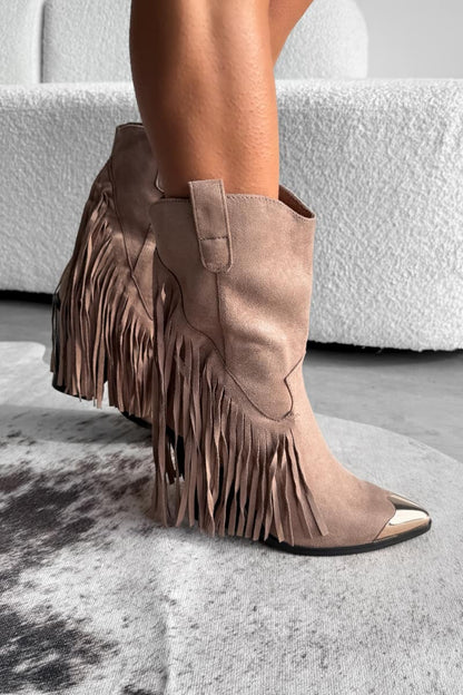 Khaki Western Boots mit Fransen
