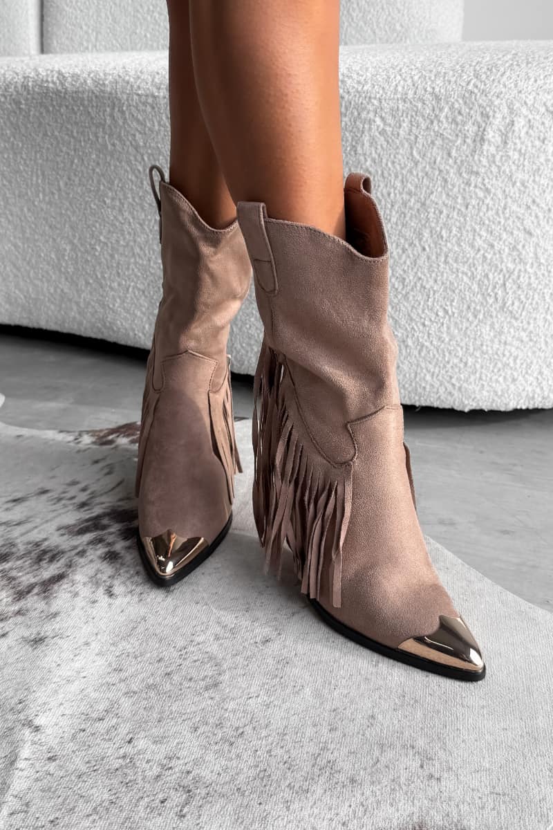 Khaki Western Boots mit Fransen
